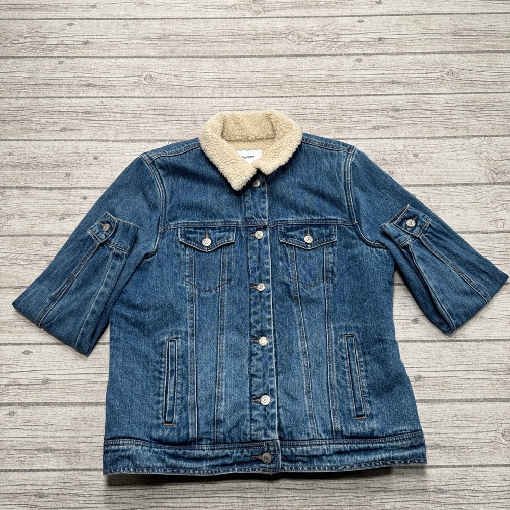 Old Navy Jacket Women's Large Blue Denim Sherpa Lined Trucker Utility Western